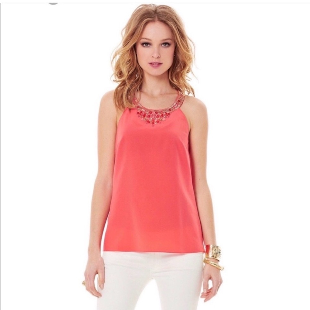Lilly Pulitzer Sleeveless Coral Bead-Neck Silk Tank Top - Women Corsica Tank XS